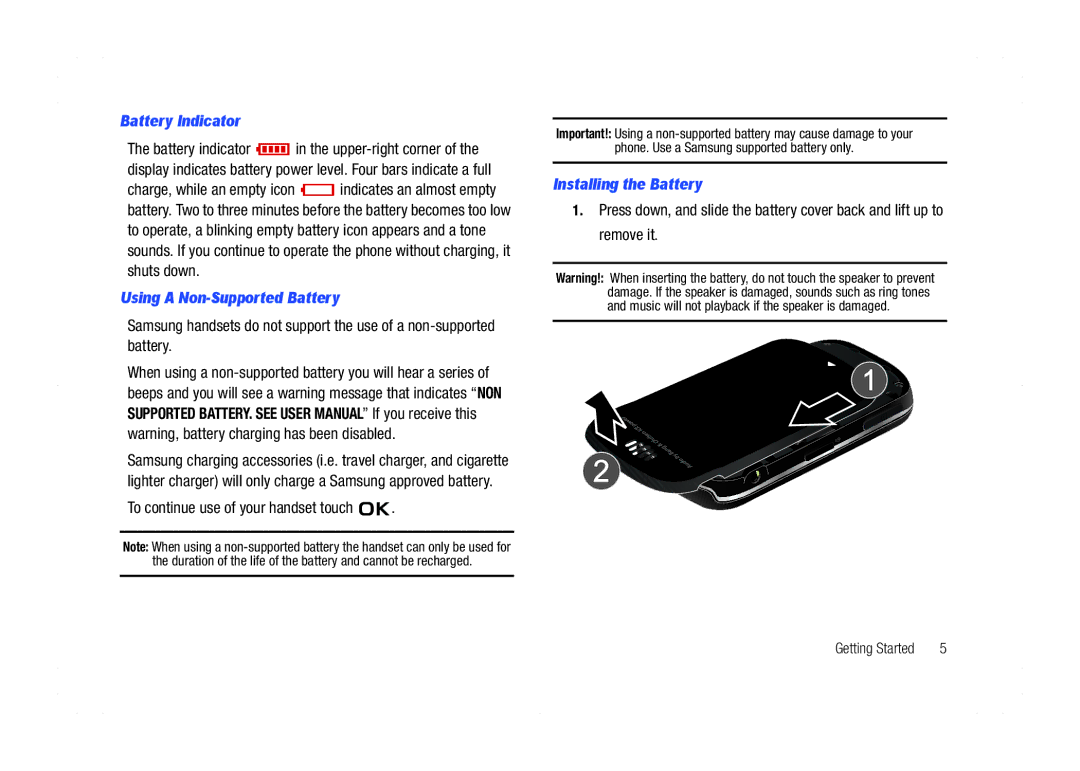 Samsung GH68-21438A user manual Battery Indicator, Using a Non-Supported Battery, To continue use of your handset touch 