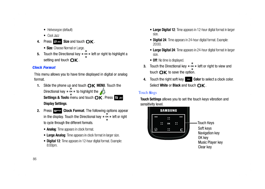 Samsung GH68-21438A user manual Touch Settings, Setting and touch, Clock Format, Analog Time appears in clock format 