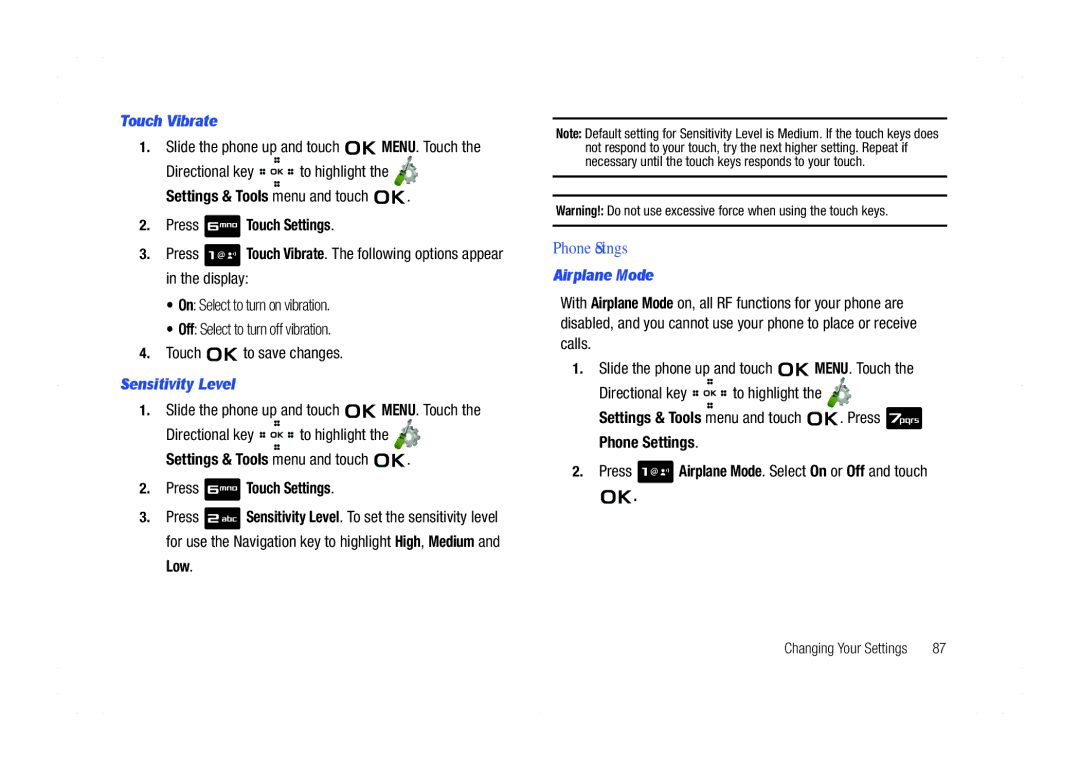 Samsung GH68-21438A user manual Phone Settings, Touch Vibrate, Sensitivity Level, Airplane Mode 