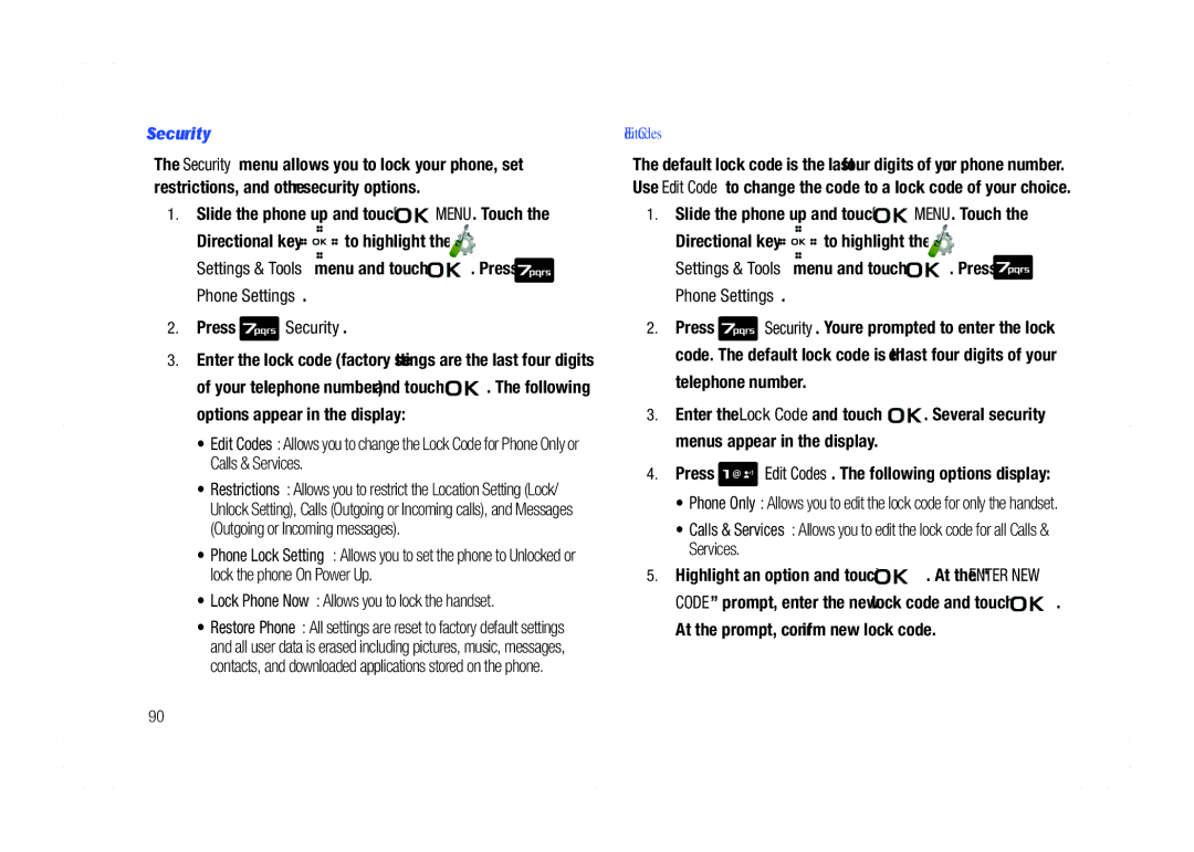 Samsung GH68-21438A user manual Security, Lock Phone Now Allows you to lock the handset, Telephone number, Edit Codes 