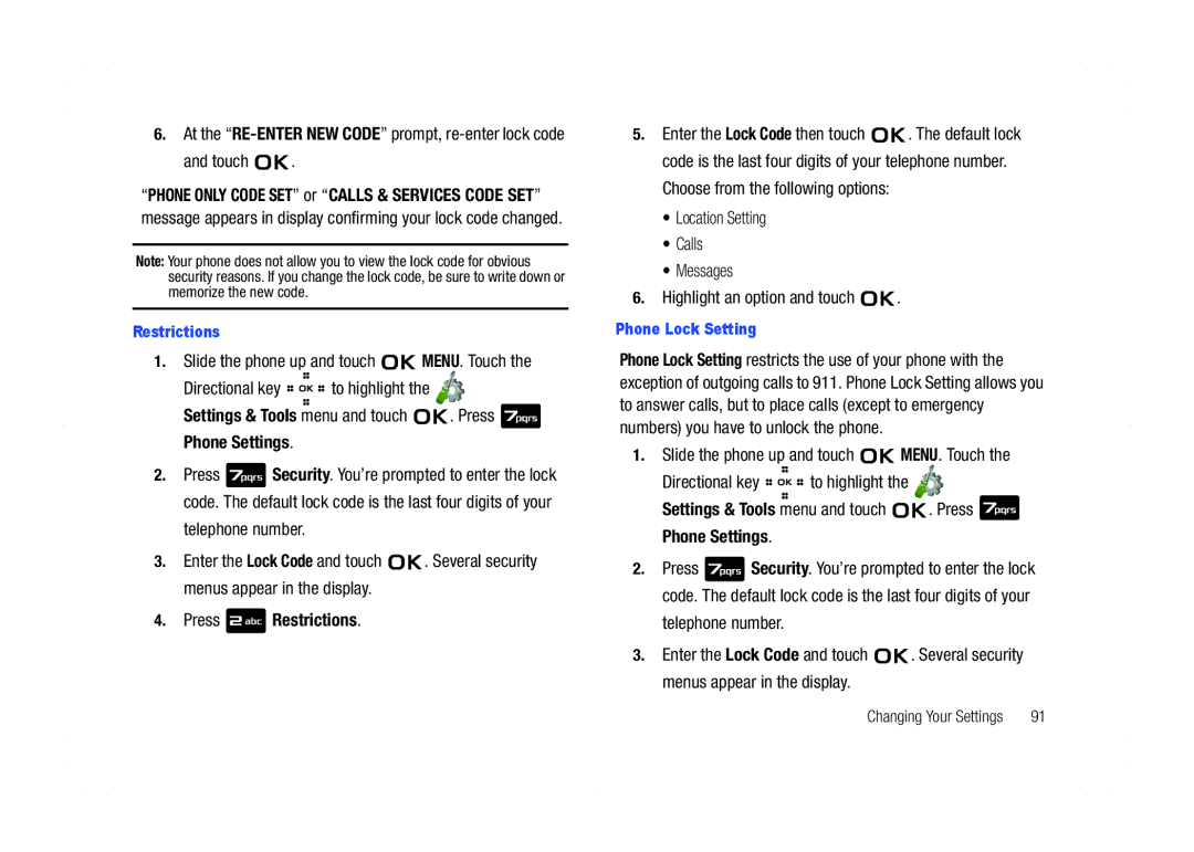 Samsung GH68-21438A user manual Press Restrictions, Phone Lock Setting 