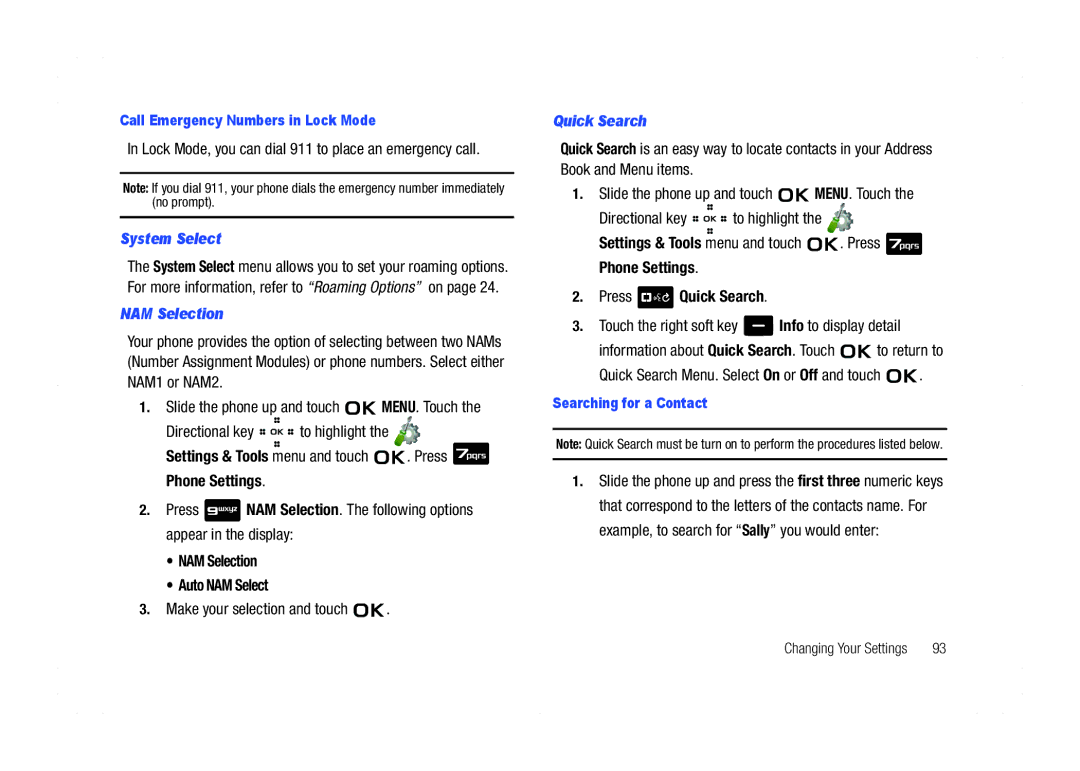 Samsung GH68-21438A user manual System Select, NAM Selection, Quick Search 