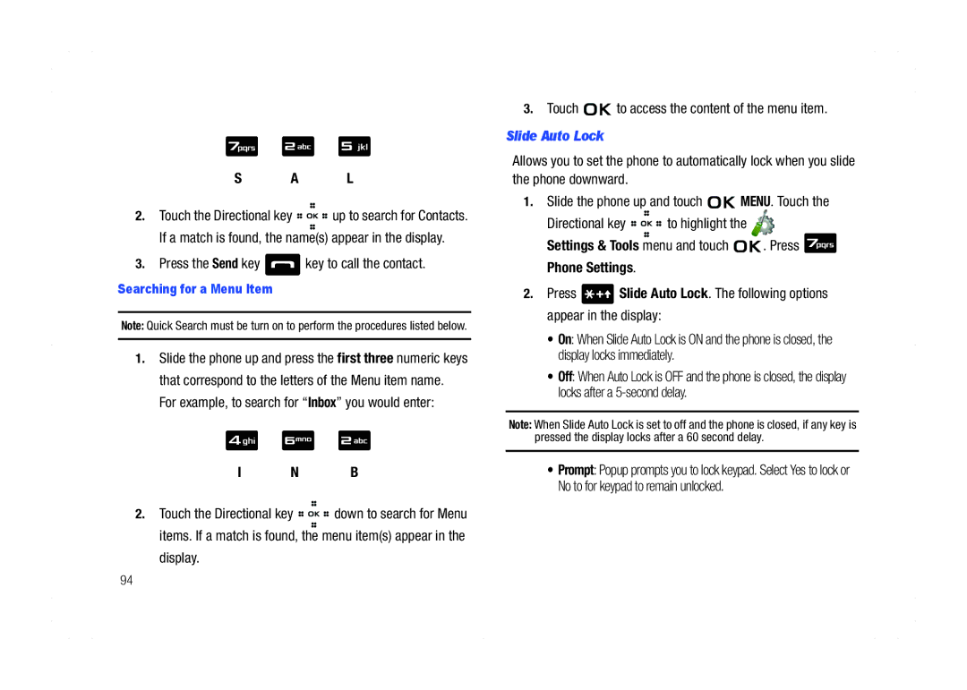 Samsung GH68-21438A user manual Press the Send key key to call the contact, Slide Auto Lock, Searching for a Menu Item 