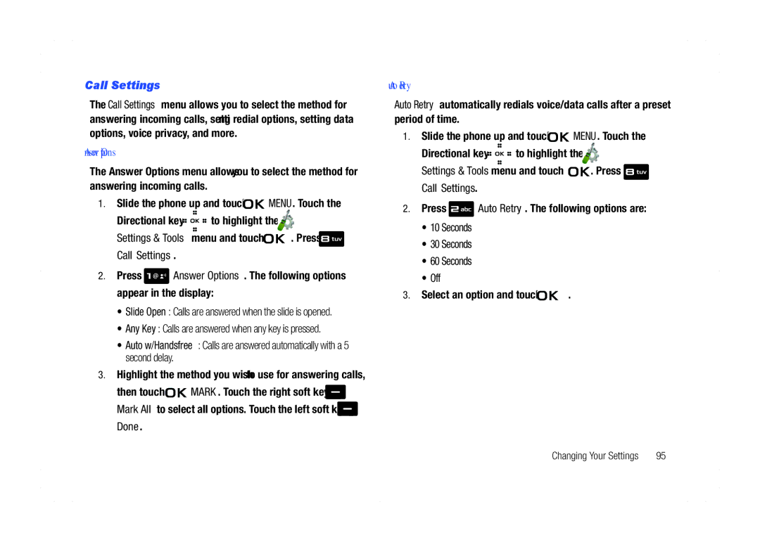 Samsung GH68-21438A user manual Call Settings, Answer Options, Auto Retry 