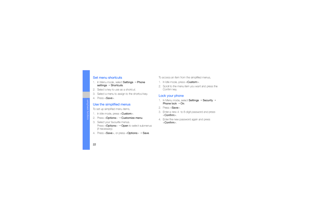 Samsung GH68-21991A manual Set menu shortcuts, Use the simplified menus, Lock your phone 