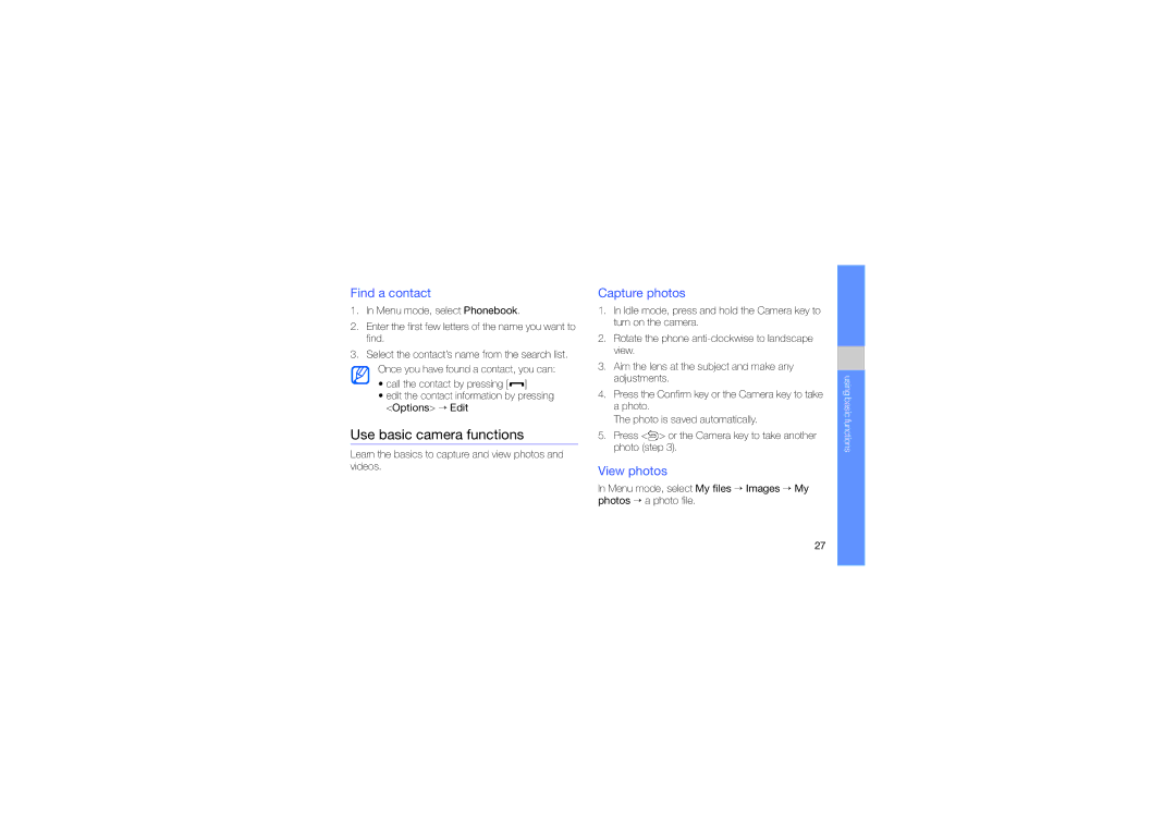 Samsung GH68-21991A manual Use basic camera functions, Find a contact, Capture photos, View photos 