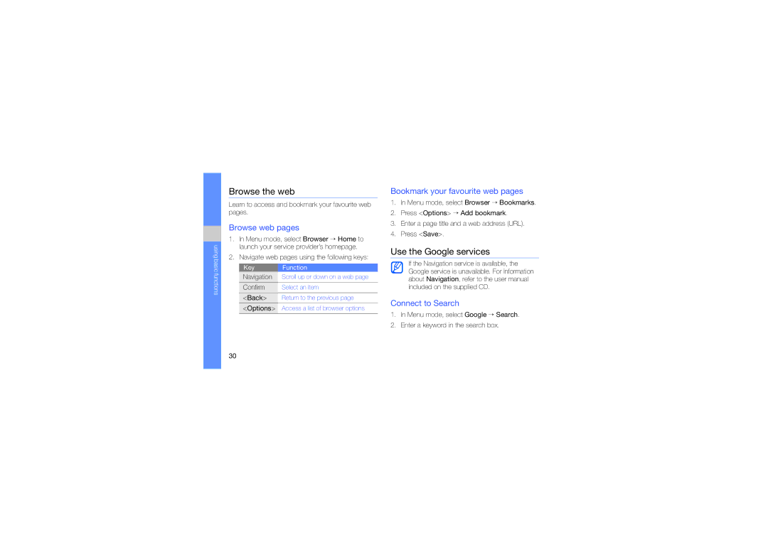 Samsung GH68-21991A manual Browse the web, Use the Google services, Browse web pages, Bookmark your favourite web pages 