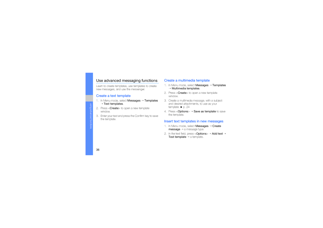 Samsung GH68-21991A manual Use advanced messaging functions, Create a text template, Create a multimedia template 