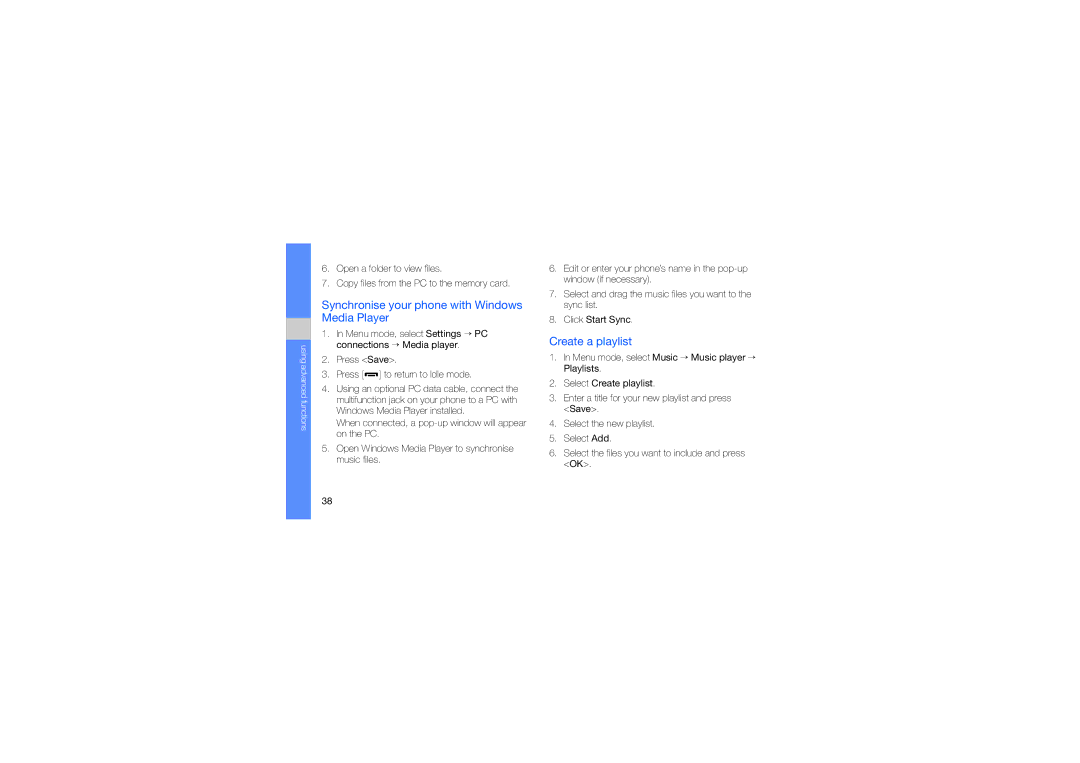 Samsung GH68-21991A manual Synchronise your phone with Windows Media Player, Create a playlist 