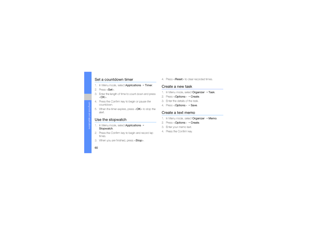 Samsung GH68-21991A manual Set a countdown timer, Use the stopwatch, Create a new task, Create a text memo 