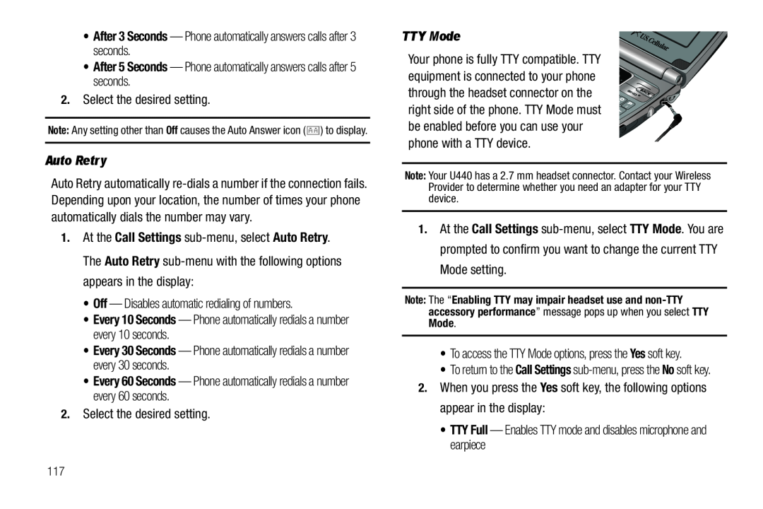 Samsung GH68-22565A user manual After 3 Seconds - Phone automatically answers calls after 3 seconds, Auto Retry, TTY Mode 