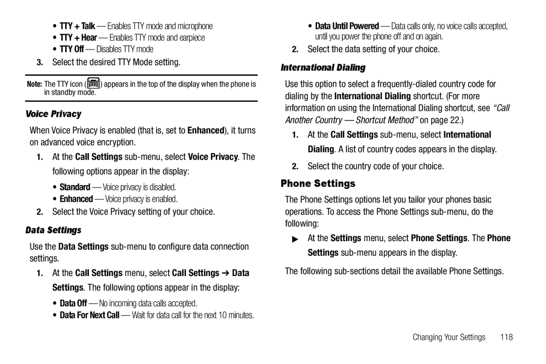 Samsung GH68-22565A user manual Phone Settings, Voice Privacy, Data Settings, International Dialing 