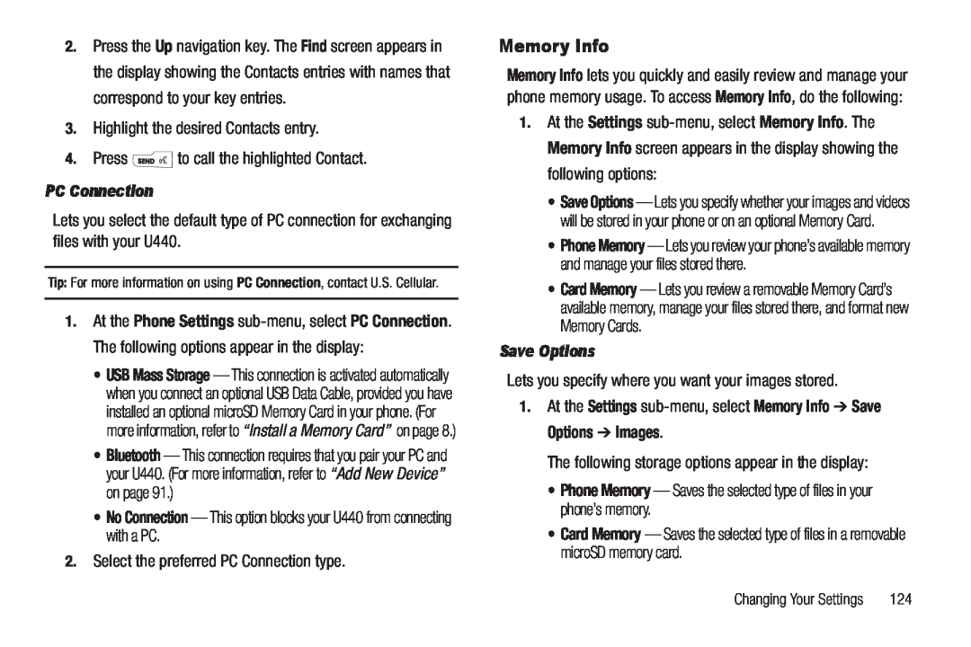 Samsung GH68-22565A user manual PC Connection, At the Settings sub-menu, select Memory Info Save Options Images 