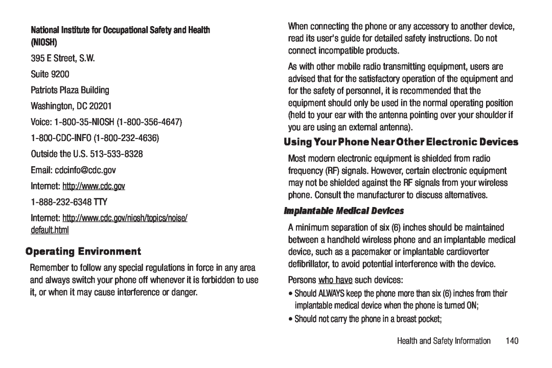 Samsung GH68-22565A user manual Operating Environment, National Institute for Occupational Safety and Health NIOSH 