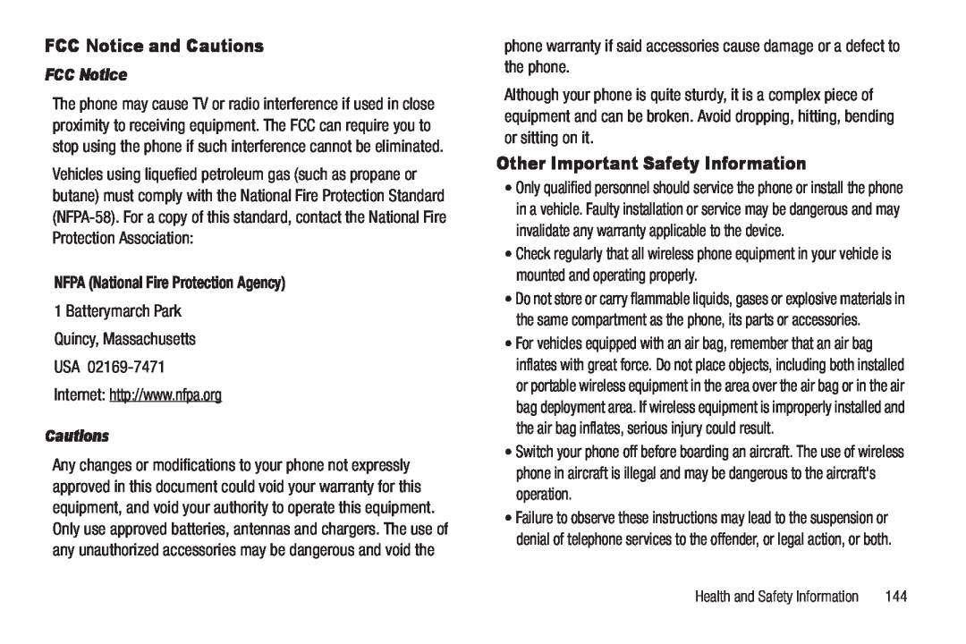 Samsung GH68-22565A FCC Notice and Cautions, Other Important Safety Information, NFPA National Fire Protection Agency 