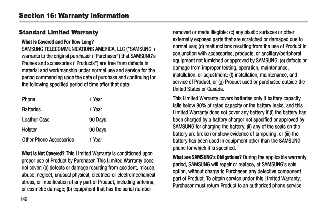 Samsung GH68-22565A Warranty Information, Standard Limited Warranty, What is Covered and For How Long?, Phone, Batteries 