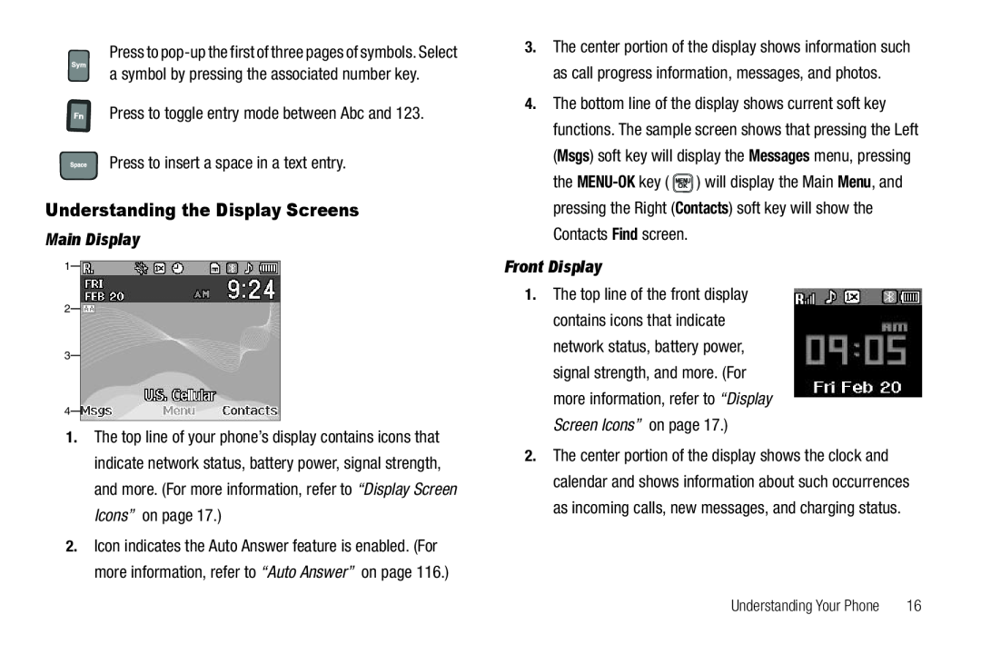 Samsung GH68-22565A user manual Understanding the Display Screens, Press to insert a space in a text entry, Main Display 
