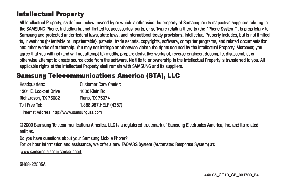 Samsung GH68-22565A user manual Intellectual Property, Samsung Telecommunications America STA, LLC 