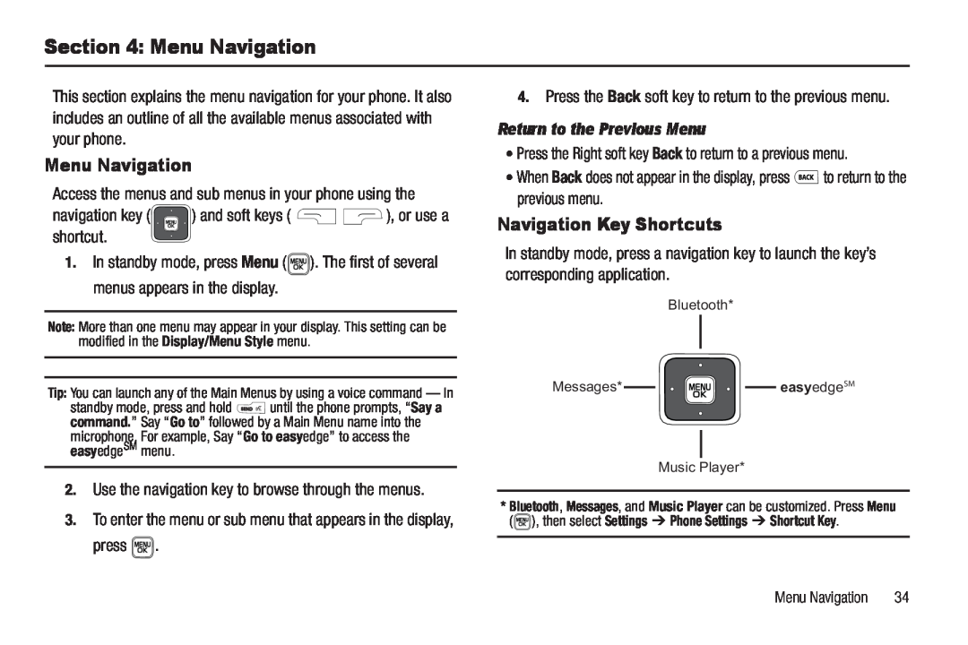 Samsung GH68-22565A user manual Menu Navigation, Navigation Key Shortcuts, Return to the Previous Menu 