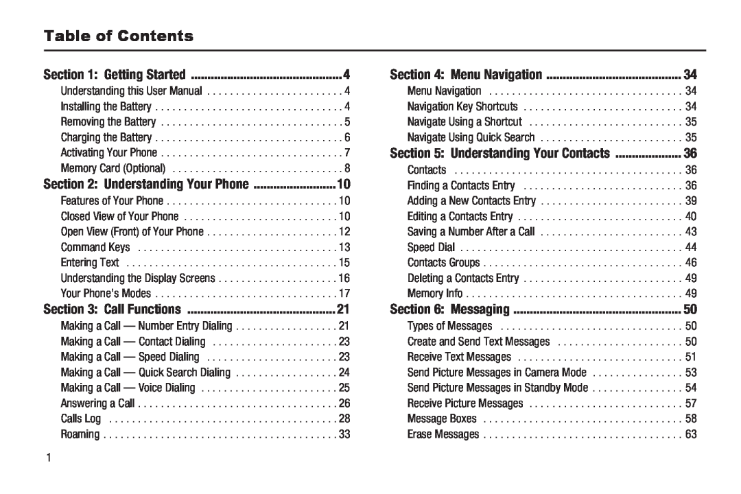 Samsung GH68-22565A Table of Contents, Getting Started, Menu Navigation, Understanding Your Contacts, Call Functions 