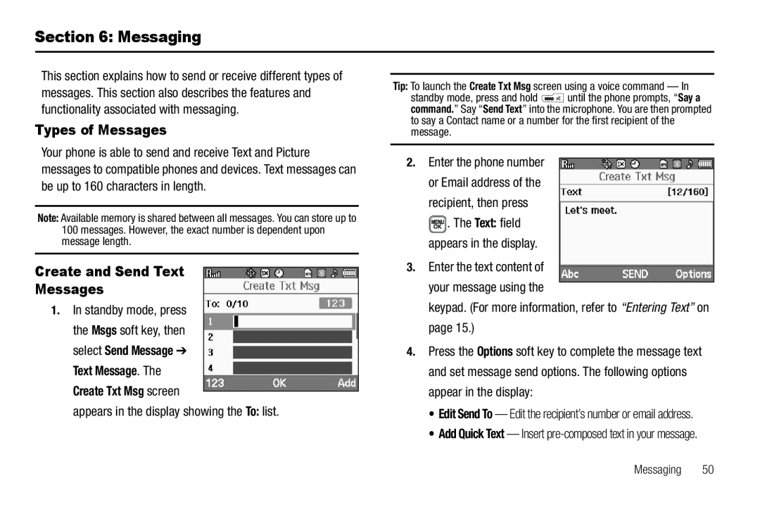 Samsung GH68-22565A user manual Messaging, Types of Messages, Create and Send Text Messages 
