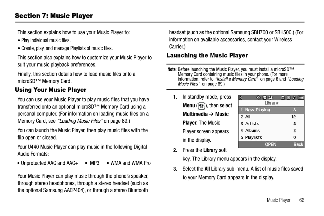 Samsung GH68-22565A user manual Using Your Music Player, Launching the Music Player 