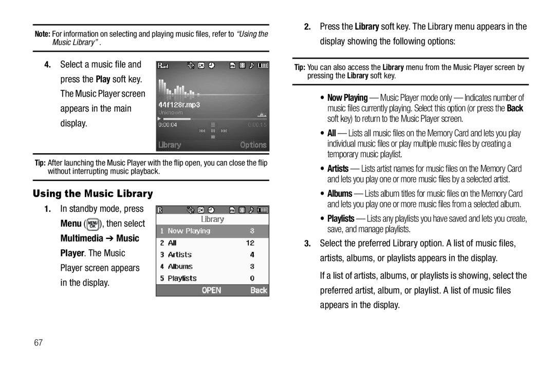 Samsung GH68-22565A user manual Using the Music Library, In standby mode, press 