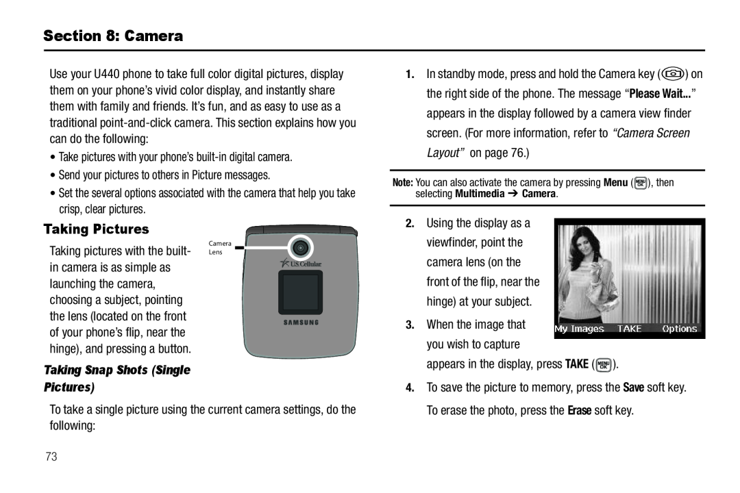 Samsung GH68-22565A user manual Camera, Taking Pictures, Take pictures with your phone’s built-in digital camera 