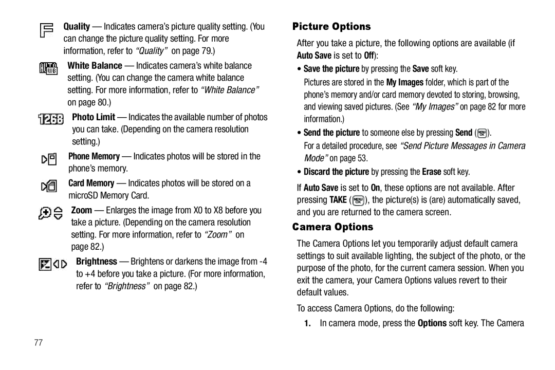 Samsung GH68-22565A user manual Picture Options, Camera Options, Discard the picture by pressing the Erase soft key 
