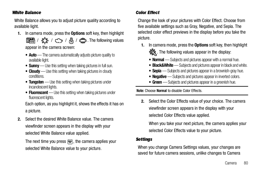 Samsung GH68-22565A user manual White Balance, Color Effect, Settings 