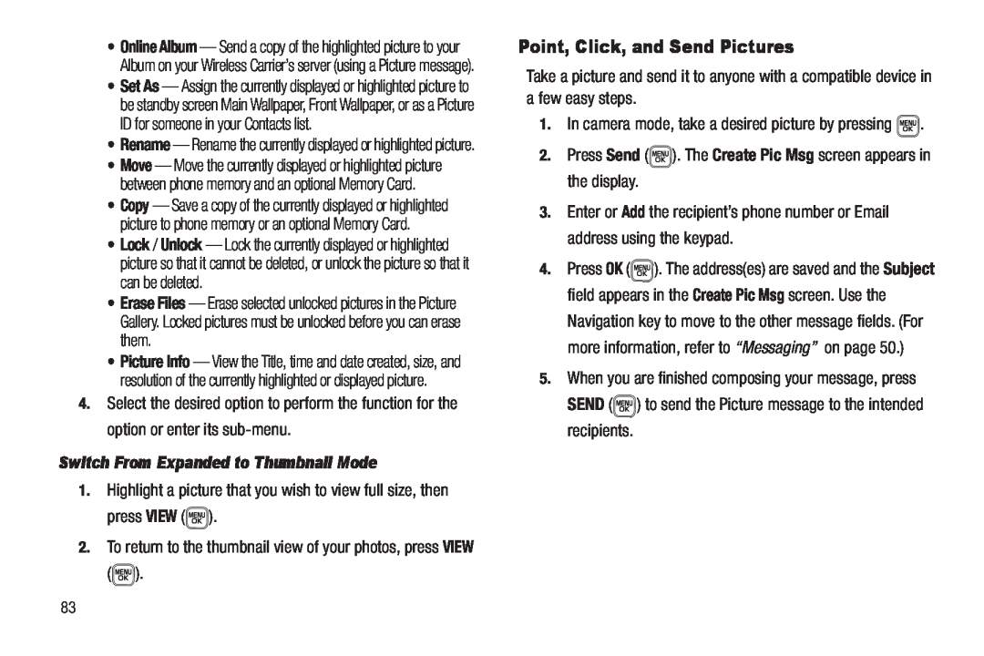 Samsung GH68-22565A user manual Point, Click, and Send Pictures, Switch From Expanded to Thumbnail Mode 