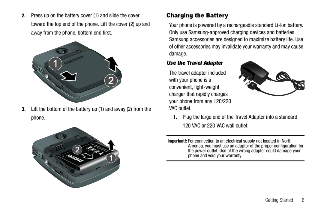 Samsung GH68-22565A user manual Charging the Battery, Lift the bottom of the battery up 1 and away 2 from the phone 