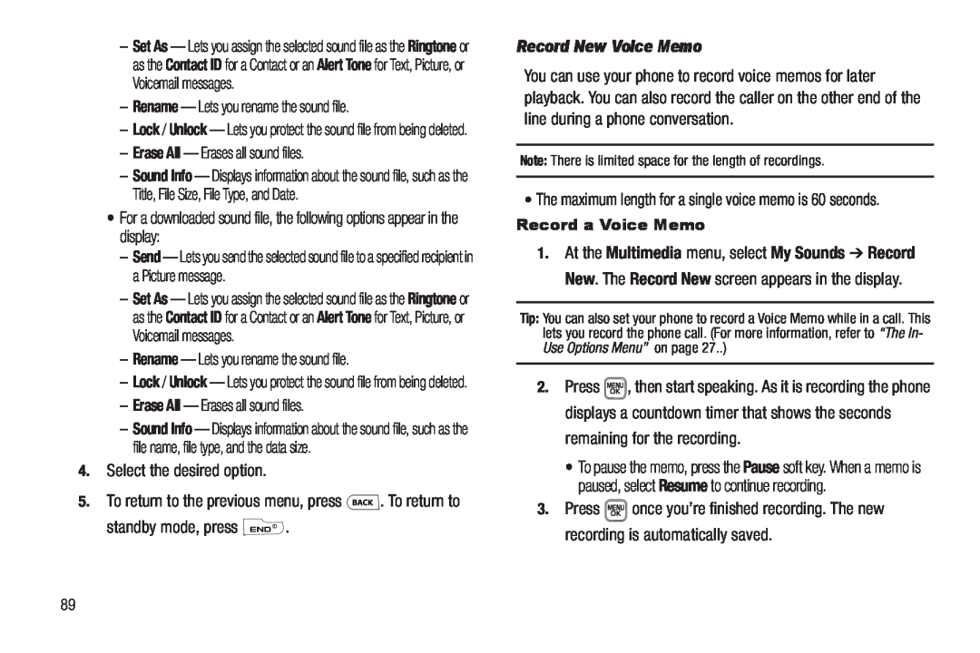 Samsung GH68-22565A user manual Rename - Lets you rename the sound file, Record New Voice Memo, remaining for the recording 