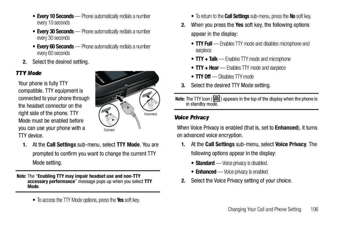 Samsung GH68-22573A user manual TTY Mode, Your phone is fully TTY Compatible. TTY equipment is, Voice Privacy 