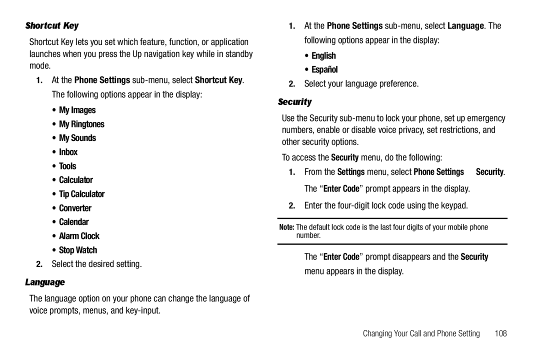 Samsung GH68-22573A user manual Shortcut Key, Language, English Español, Security 