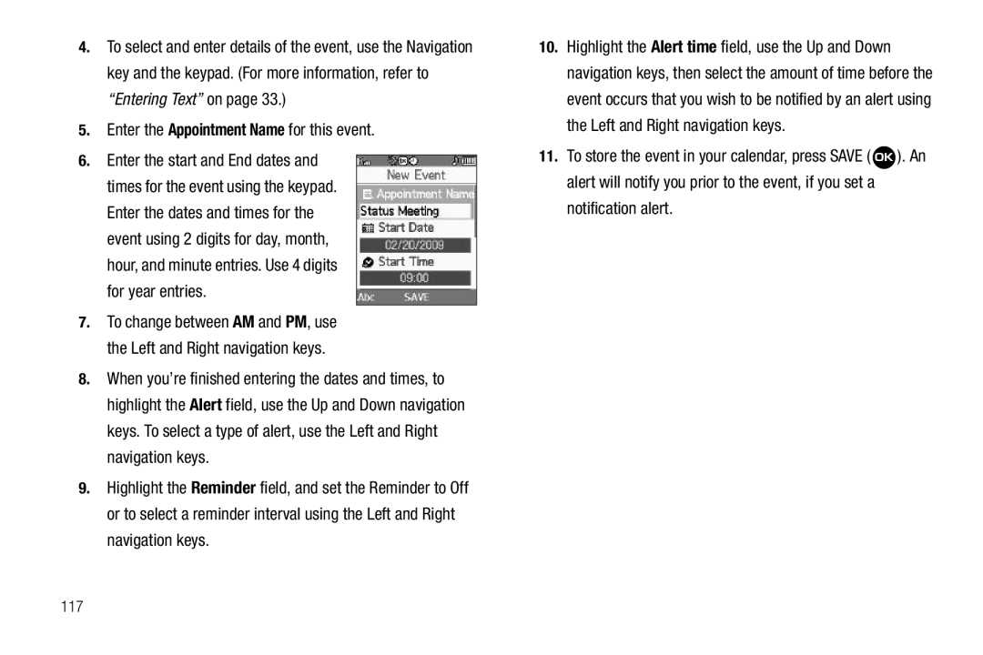 Samsung GH68-22573A user manual Enter the Appointment Name for this event, Notification alert, 117 