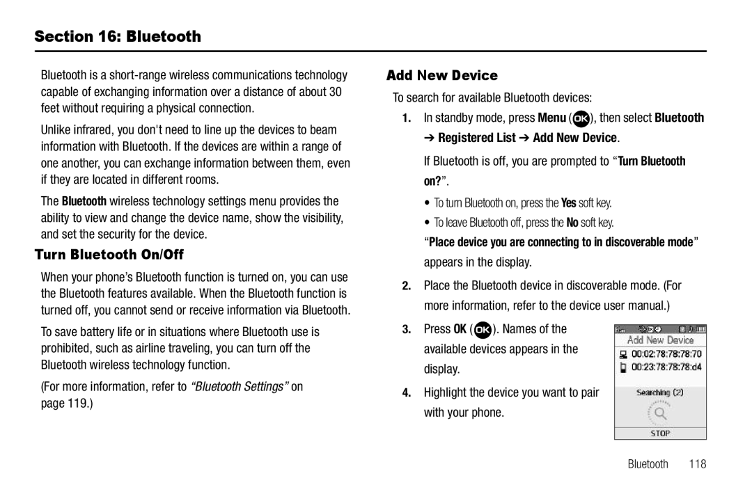 Samsung GH68-22573A Turn Bluetooth On/Off, Add New Device, For more information, refer to Bluetooth Settings on 