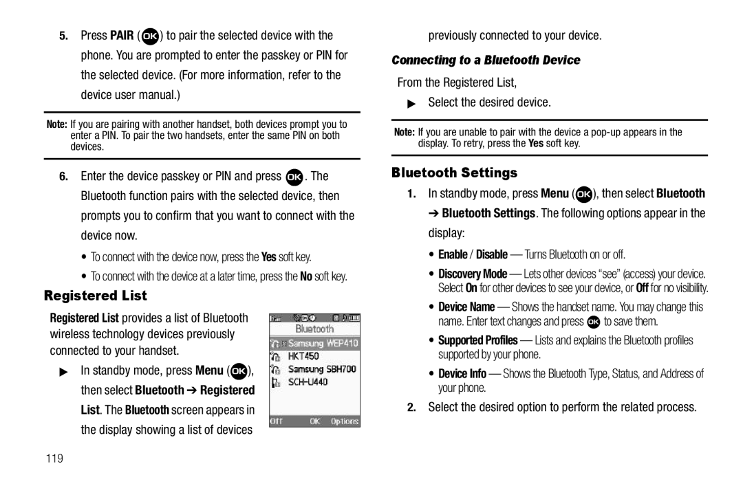 Samsung GH68-22573A user manual Registered List, Bluetooth Settings, Previously connected to your device 