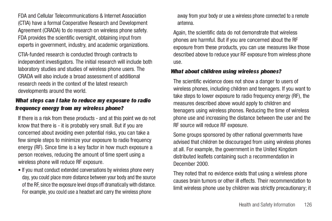 Samsung GH68-22573A user manual What about children using wireless phones?, 126 