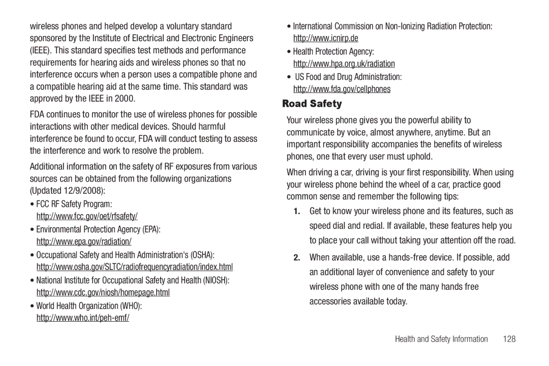 Samsung GH68-22573A user manual Road Safety, 128 