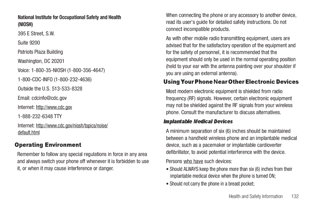 Samsung GH68-22573A user manual Operating Environment, National Institute for Occupational Safety and Health Niosh 