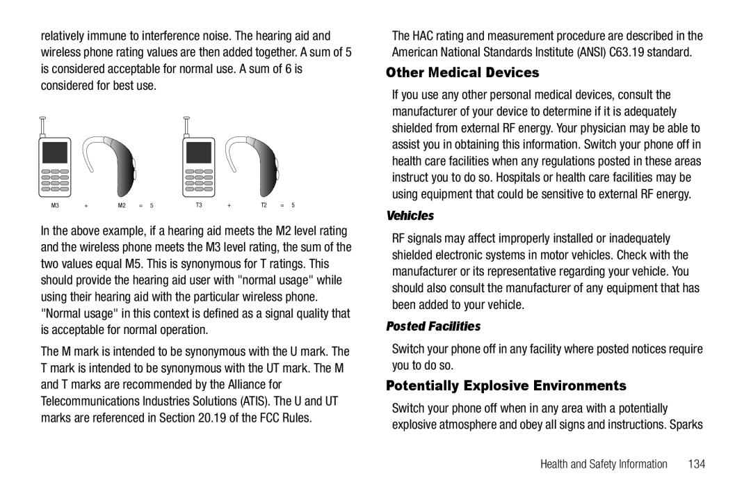 Samsung GH68-22573A user manual Other Medical Devices, Potentially Explosive Environments, Vehicles, Posted Facilities, 134 