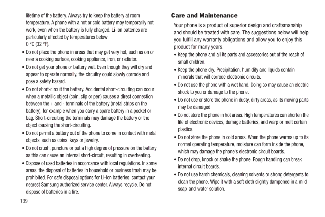 Samsung GH68-22573A user manual Care and Maintenance, 32 F, 139 