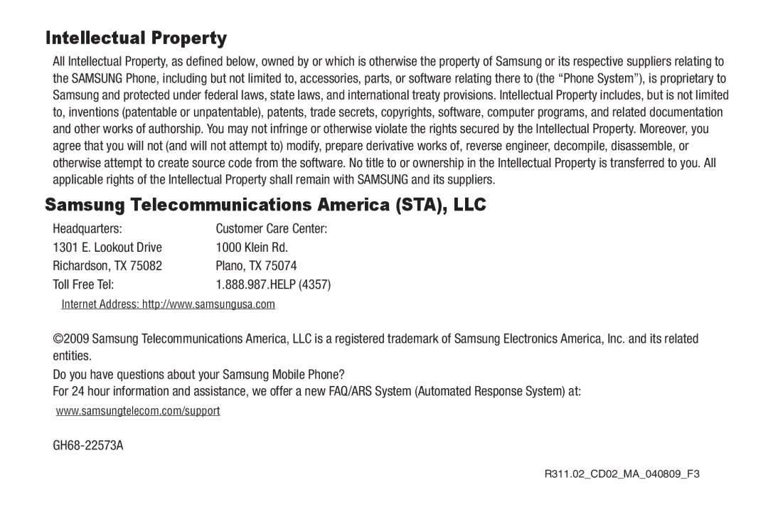 Samsung GH68-22573A user manual Intellectual Property, Headquarters 