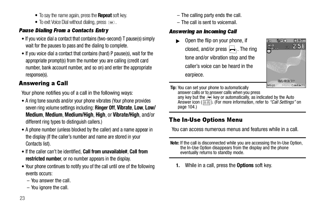 Samsung GH68-22573A user manual Answering a Call, In-Use Options Menu, Answering an Incoming Call 