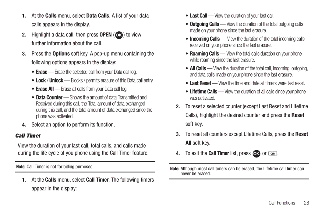 Samsung GH68-22573A user manual Call Timer, Erase All Erase all calls from your Data call log 