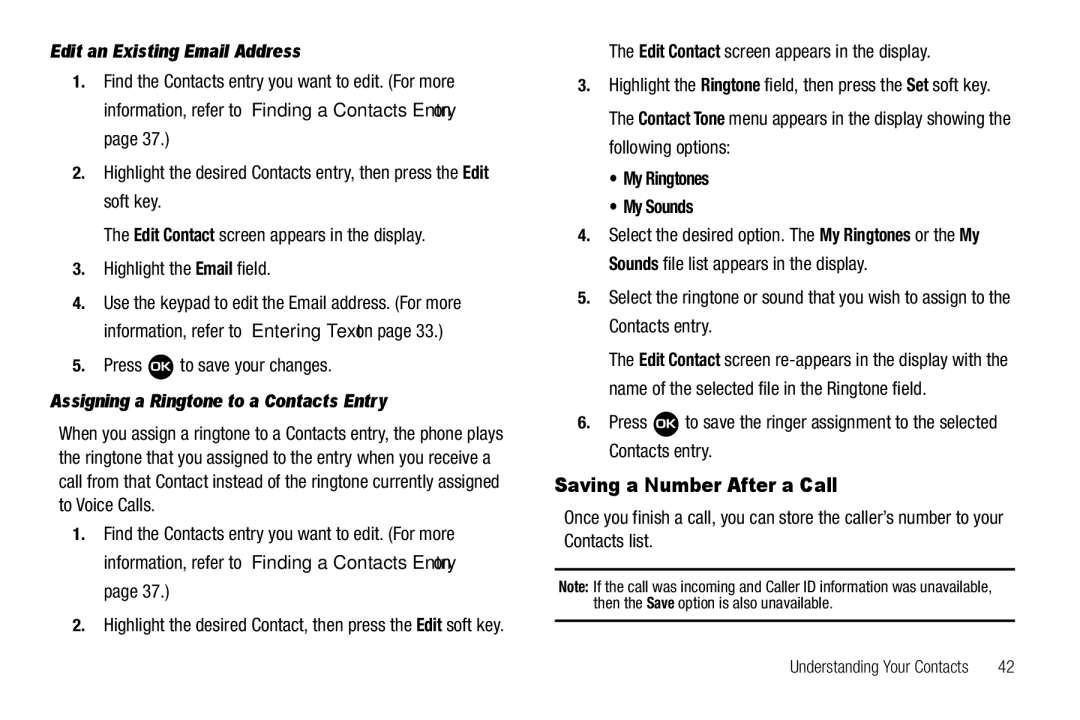 Samsung GH68-22573A user manual Saving a Number After a Call, Edit an Existing Email Address, Press to save your changes 