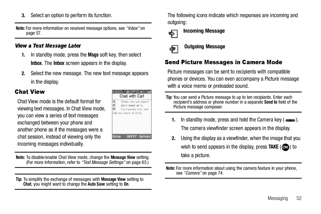 Samsung GH68-22573A user manual Chat View, Send Picture Messages in Camera Mode, View a Text Message Later 