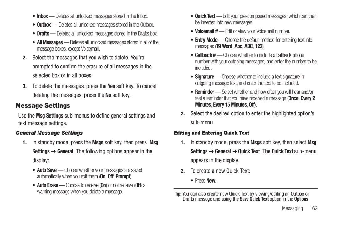 Samsung GH68-22573A user manual General Message Settings, To create a new Quick Text Press New 