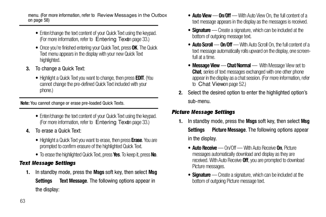 Samsung GH68-22573A To change a Quick Text, To erase a Quick Text, Text Message Settings, Picture Message Settings 